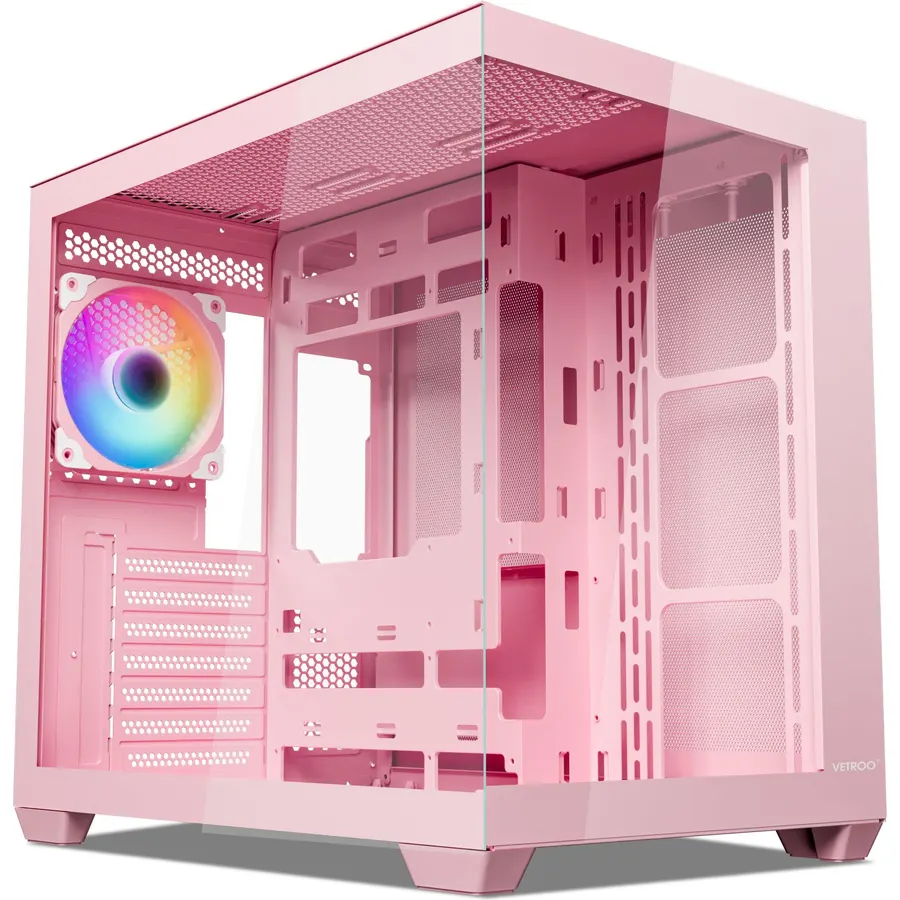 Vetroo AL900 Pink ATX Computer PC Case with 270° Full View Tempered Glass
