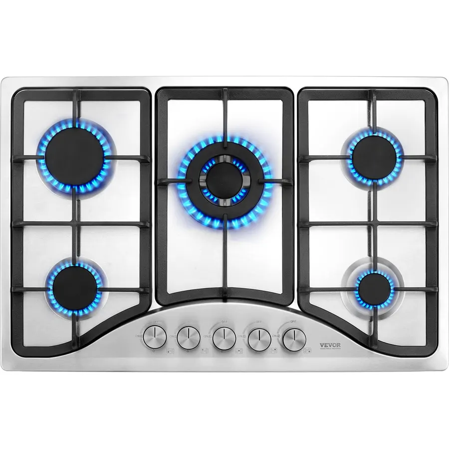VEVOR 30-inch Gas Cooktop, 5 Burners Built-in Gas Stove Top, Max 12250BTU NG/LPG Convertible Stainless Steel Cooktops, with Thermocouple Protection for Camping, RV, Apartment