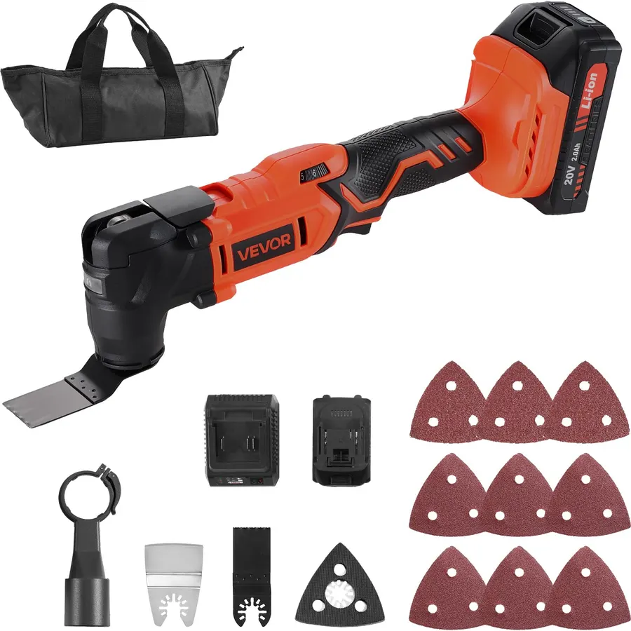 VEVOR Cordless Oscillating Tool, 12V Multitool Oscillating Saw Tool with 6 Variable Speeds 6000-17500 OPM, 3.2° Oscillation Angle, 2.0Ah Battery Pack & Charger, 8PCS Saw Accessories & LED Work Light