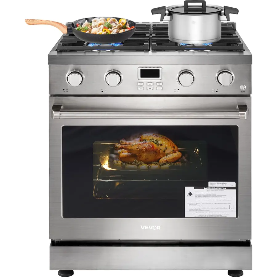VEVOR Gas Range Oven, 30 Inches Width, Freestanding Stainless Steel Stove and Oven with 4 Sealed Cooktop Burners, Easy Reach Racks, Halogen Light, 4.8 Cu. Ft. Capacity, for Home Apartment Kitchen
