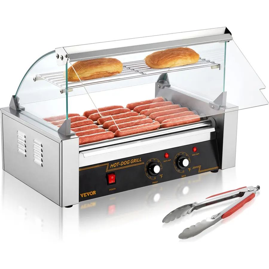 VEVOR Hot Dog Roller 7 Rollers 18 Hot Dogs Capacity 1050W Stainless Sausage Grill Cooker Machine with Dual Temp Control Glass Hood Acrylic Cover Bun Warmer Shelf Removable Oil Drip Tray, ETL Certified