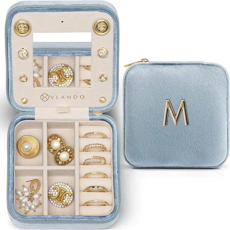 VLANDO Holidays Day Gift for Women Girls, L Initial Travel Jewelry Case, Small Jewelry Travel Case, Personalized Travel Mini Jewelry Case, Birthday Gifts for Women Mom Grandma - Letter M, Blue