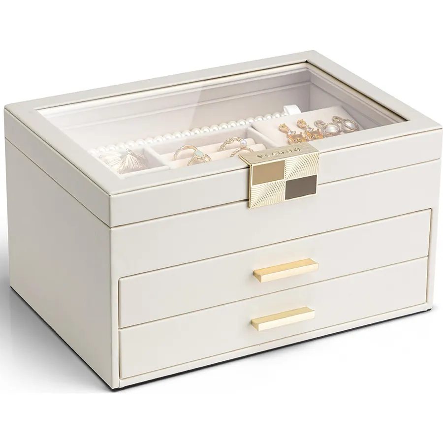 VLANDO Jewelry Box Organizer, 3-Layer Storage with Glass Window