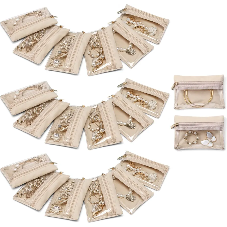 VLANDO Jewelry Travel Pouch,12 Velvet Zipper Pouches with Clear Design
