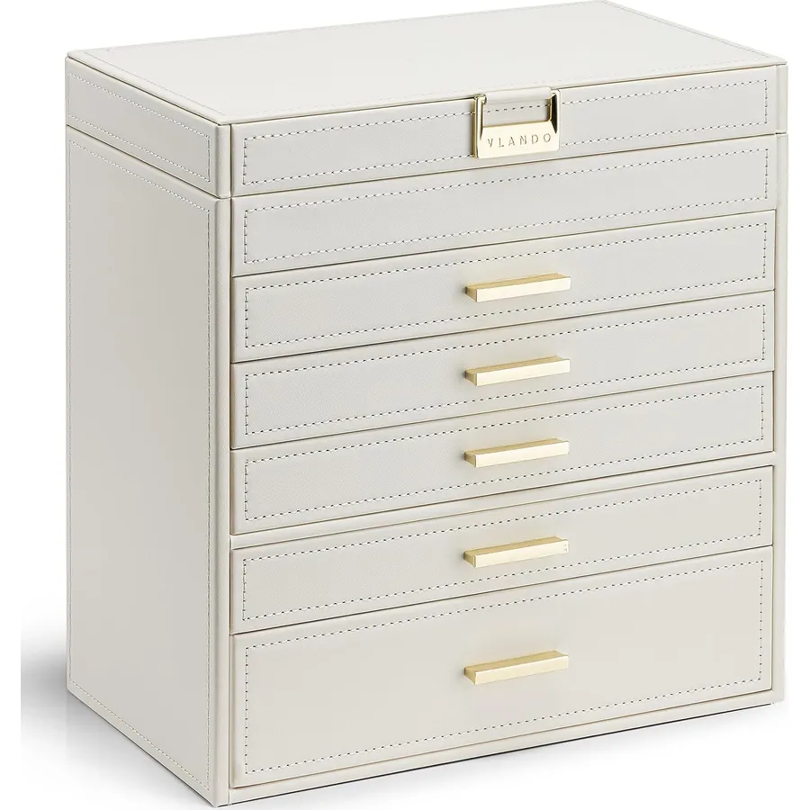 VLANDO Large Jewelry Box, 6 Layer Storage Organizer, Removable Dividers