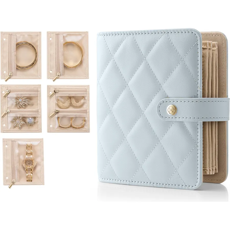 VLANDO Small Jewelry Book Organizer - Leather Travel Jewelry Case with 5 Detachable Pages for Necklaces, Rings, Earrings, Tangle-Free, Giftable, Baby Blue