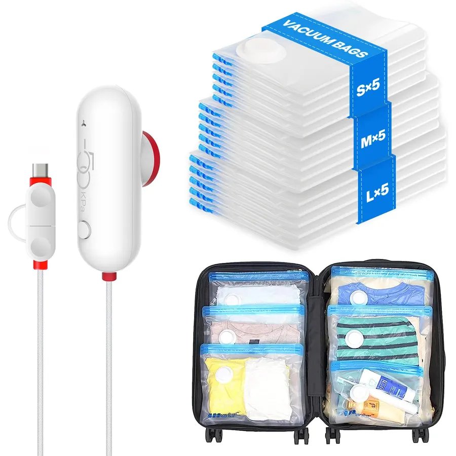 VMstr 15 Pack Travel Vacuum Storage Bags with USB Pump, Vacuum Packing Seal for Luggage and Suitcase, Space Saver for Clothes and Clothing Travel