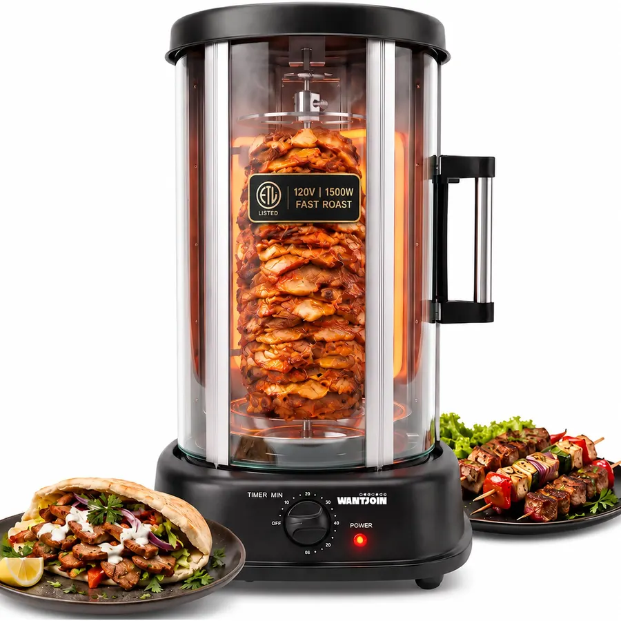 WantJoin Shawarma Grill Machine - Electric Gyro Machine ETL Certified with 7 Stainless Steel Skewers, 60-Min Timer, Enclosed Heating Rotisserie Chicken Maker with Drip Tray for Home BBQ Parties