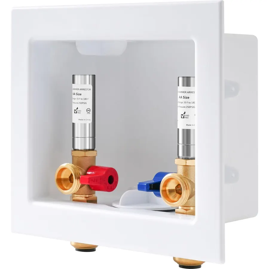 Washing Machine Outlet Box, with Stainless Steel Water Hammer Arrestor, 1/2-Inch Push Fit x3/4-Inch MHT with Center Drain, Washer Faucet Recessed Box, Laundry Washer Valve Outlet Box