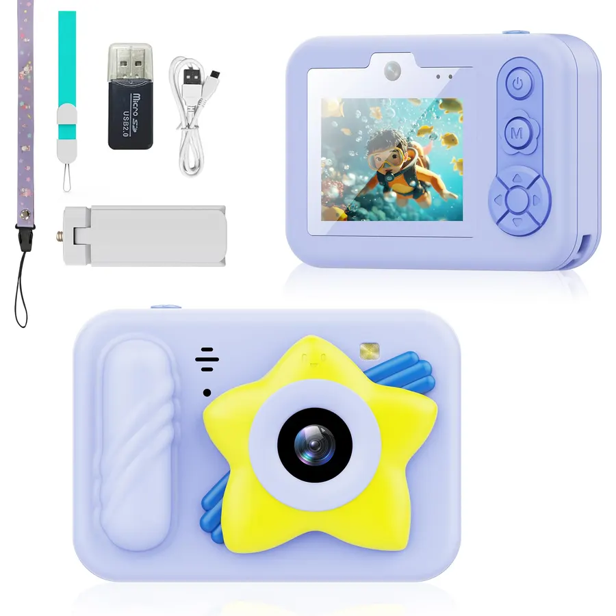 Waterproof Kids' Camera Cute - 48MP, 1080P Video, with 32GB SD Card Strap Stand, Fun Stickers & Frames, Ideal Compact Travel Swimming Snorkeling for 3-12 Years Old Girl Boy Child, Blue