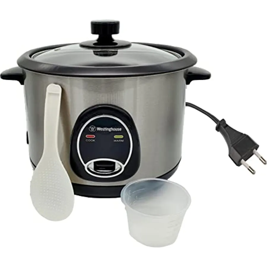 Westinghouse 220 Volt Rice Cooker 10 Cup, Non Stick Cooking Pot, Measuring Cup, Keep Warm Function-Stainless Steel-700W (NOT FOR USE IN USA)