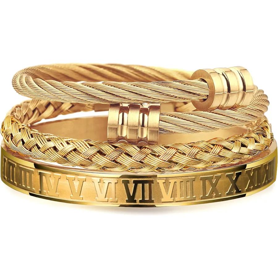 4pcs Bracelets for Men Women Silver/Gold/Black Cross Cuban Zircon Link Rope Chain Bracelets Set Stainless Steel Adjustable Metal Bracelet Mens Fashion Accessories Jewelry Set