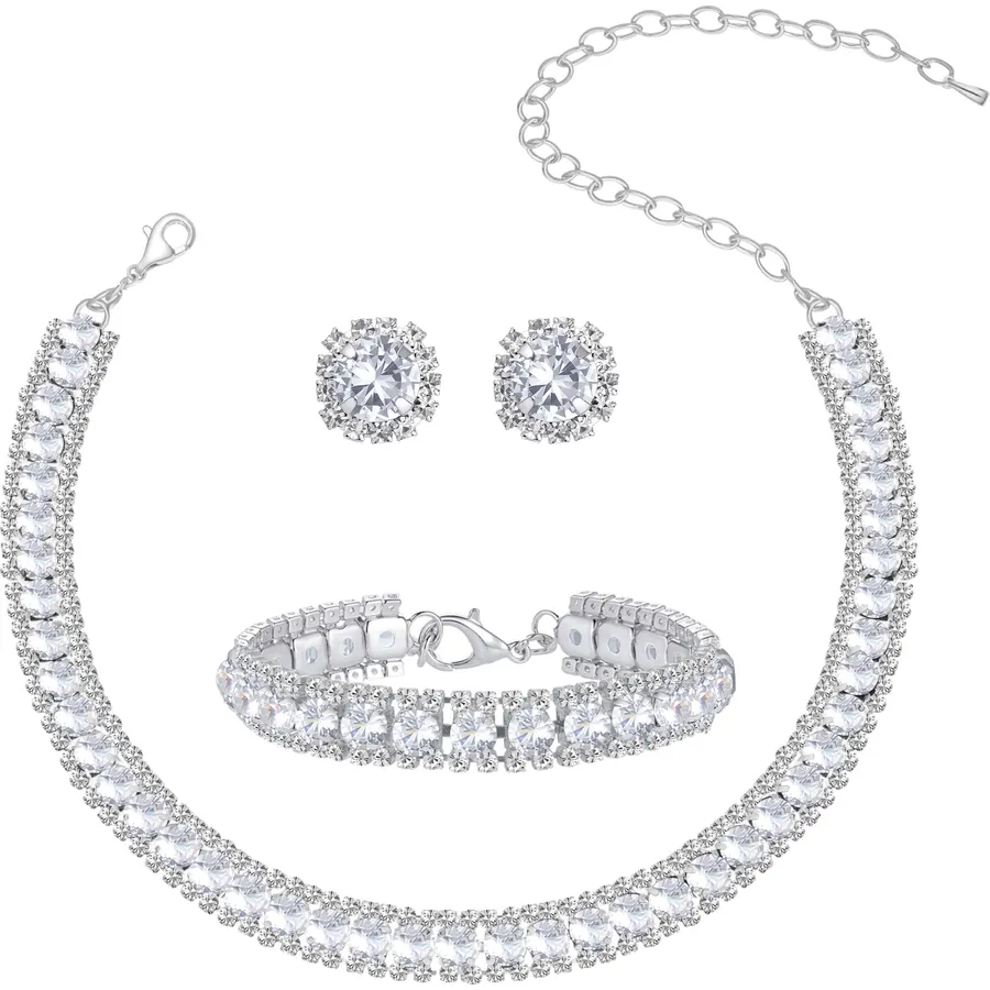 Women Rhinestone Crystal Cubic Zirconia Jewelry Set Crystal Tennis Design Rhinestone Cubic Zirconia Choker Necklace Link Bracelet Stud Earrings Set Wedding Bridal Bridesmaids Party