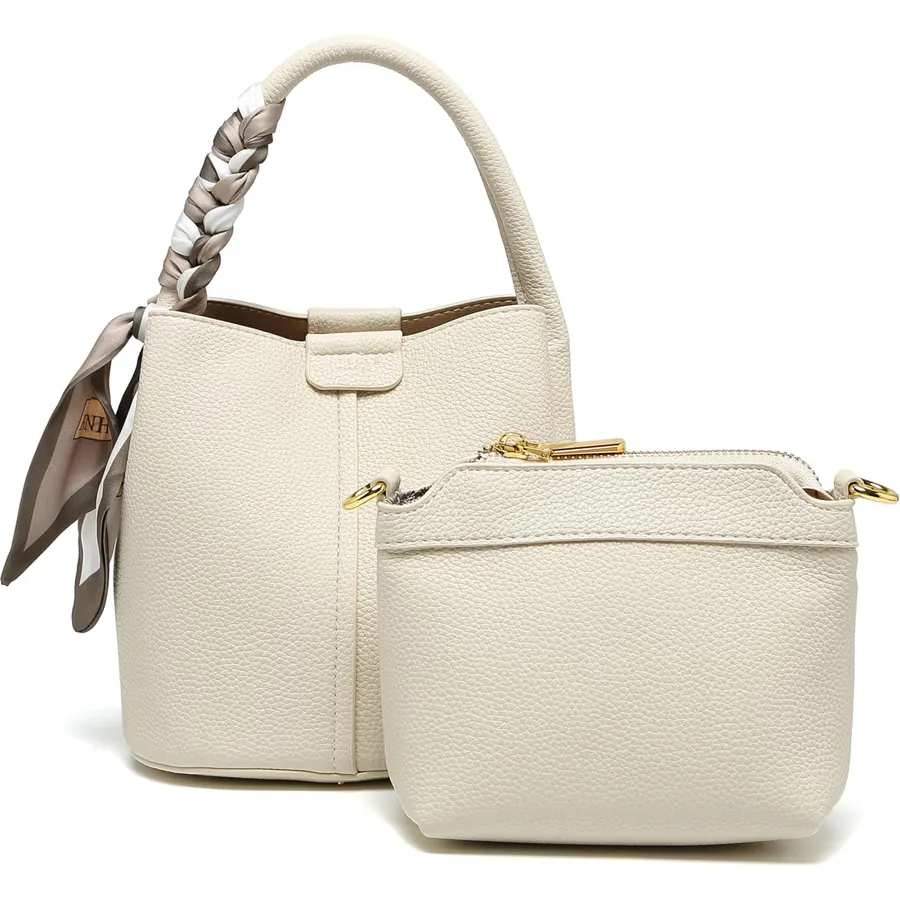 Women's Vegan Leather Bucket Purse with Braided Handle Charm, Mini Crossbody Gift Pouch & Strap