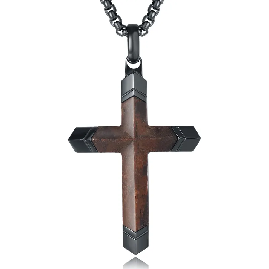 Wooden Cross Necklace for Men with Stainless Steel Adjustable Chain 24-26in, Christian Wood Crucifix Pendant Gift for Him