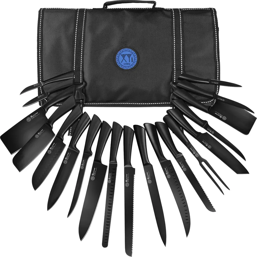 XYJ 19-Piece Black Kitchen Knife Set, Oxide Blackened Stainless Steel Blades, Hollow Metal Horseshoe Handles, Professional Chef Knives with Gift Box