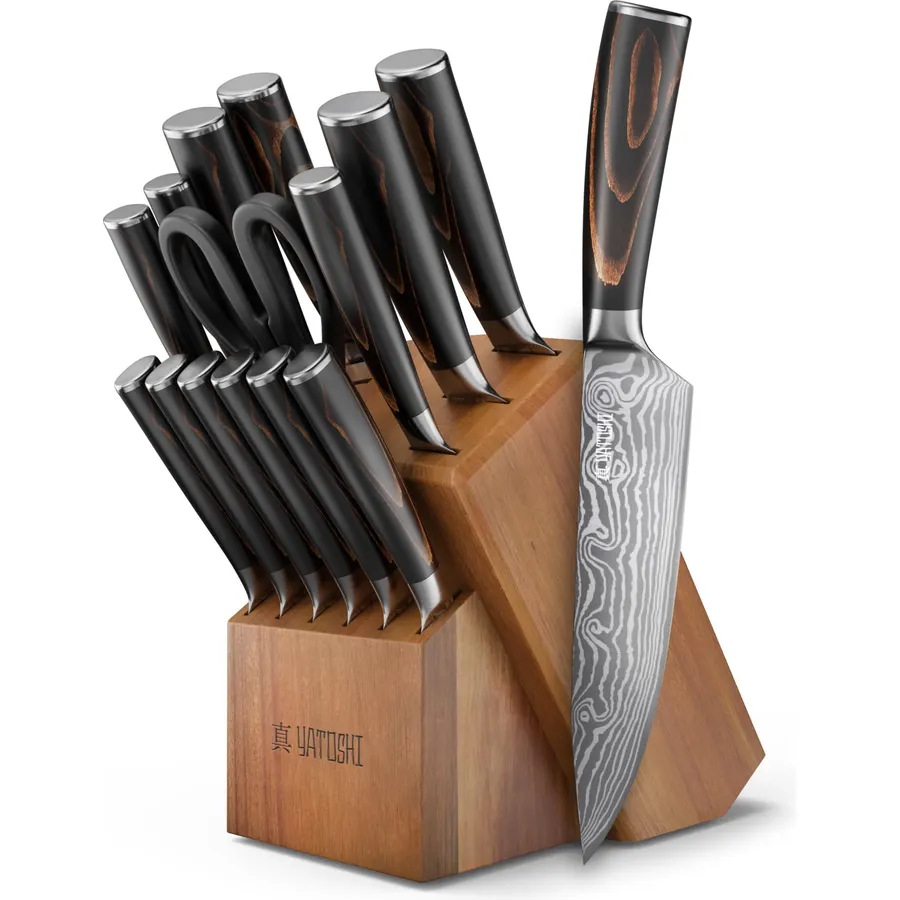 Yatoshi Professional Kitchen Knife Set, 15 Pieces, High Carbon Stainless Steel, Ergonomic Handle