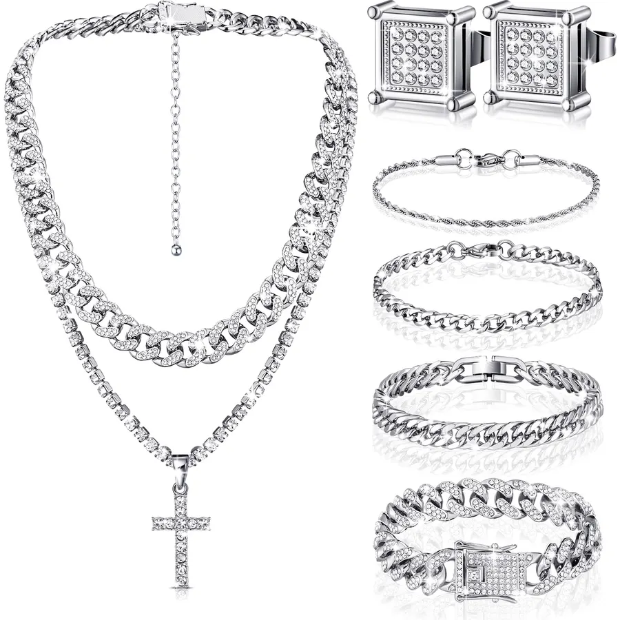 Yinkin 6 Pcs Men Jewelry Set Hip Hop Diamond Chain Bracelet Set