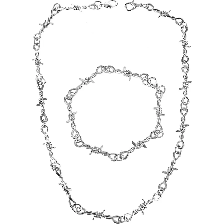 Yolev Barbed Wire Necklace and Bracelet Set Punk Thorns Barbed Wire Choker Silver Metal Grunge Jewelry Barb Wire Necklace Hiphop Rock Goth Chain for Men Women Y2k Daily Versatile Fashion