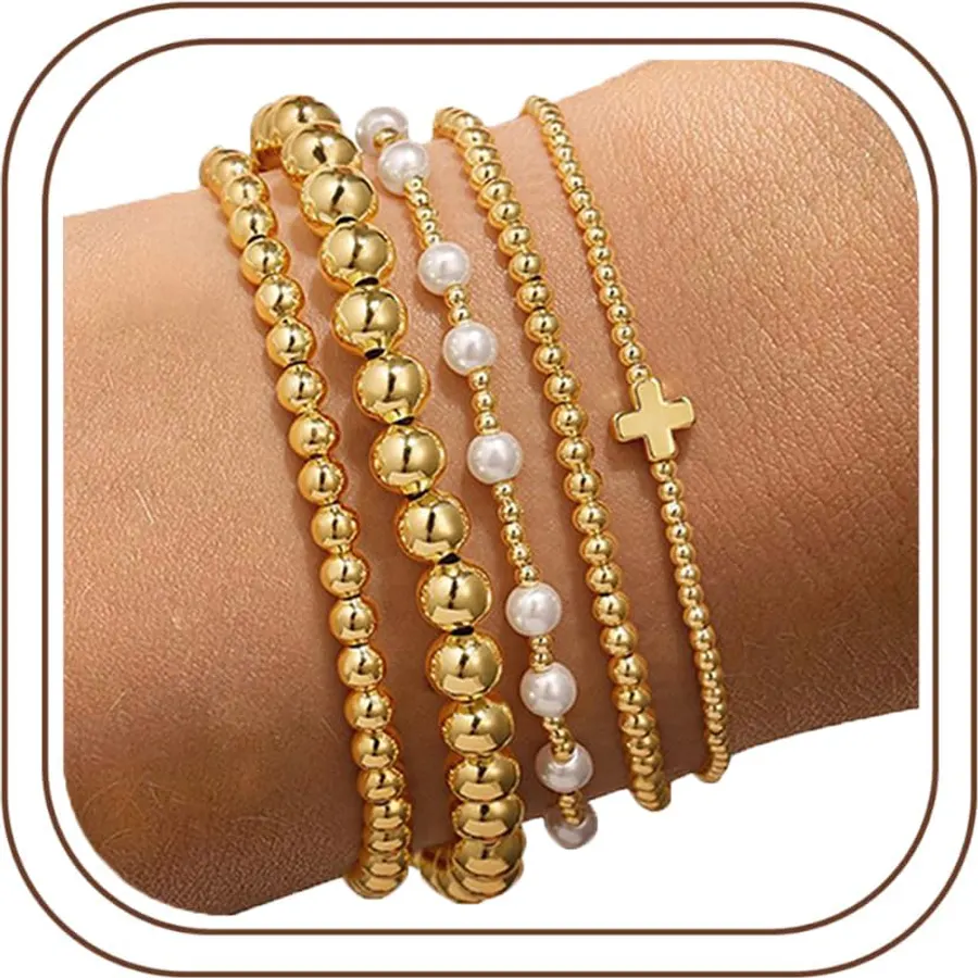 Yoosteel Gold Beaded Bracelets for Women Teen Girls, Gold Plated Jewelry