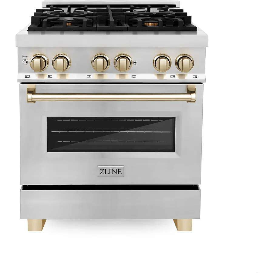 ZLINE Autograph Edition 30 in. 4.0 cu. ft. Legacy Dual Fuel Range with 4 Burner Gas Cooktop and Electric Convection Oven in Stainless Steel and Polished Gold Accents (RAZ-30-G)