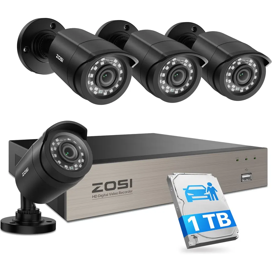 ZOSI 3K Lite Security Camera System Indoor Outdoor,AI Human/Vehicle Detection,Night Vision,Remote Access,4pcs 1080P 1920TVL Weatherproof Surveillance Cameras,H.265+ 8CH 5MP Lite CCTV DVR(NO HDD)