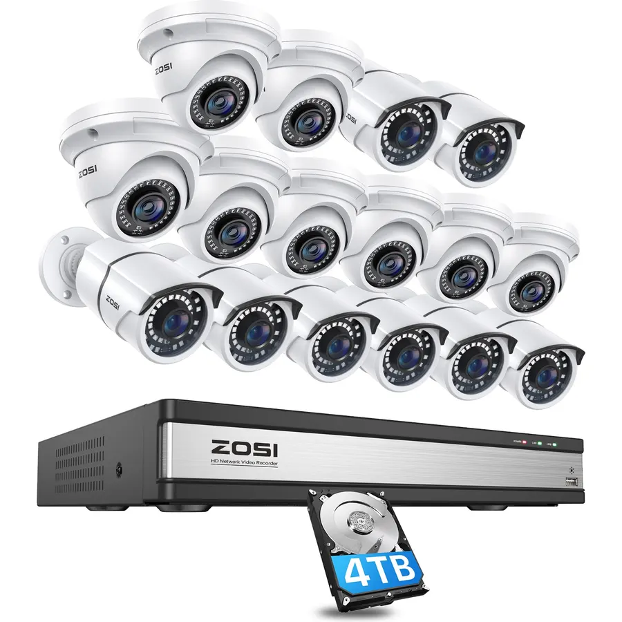 ZOSI 4K 16CH PoE Home Security Cameras System,4K 8MP 16CH H.265 CCTV NVR with 4TB HDD and 16 x 5MP Indoor Outdoor PoE IP Bullet Dome Cameras with Night Vision,Remote Access for 24/7 Recording