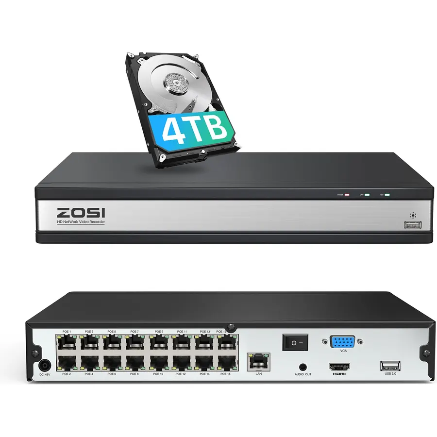 ZOSI 4K 16CH PoE NVR with 4TB HDD,16 Channel 8MP Surveillance Network Video Recorder System for 24/7 Recording Only Compatible with ZOSI 4K/5MP/4MP/3MP HD PoE Cameras