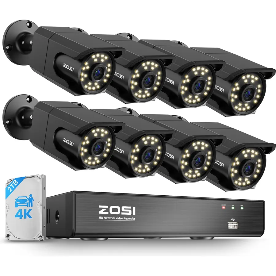 ZOSI 8CH 4K PoE Camera System, 8 x 8MP PoE Bullet PT Camera, 2TB HDD